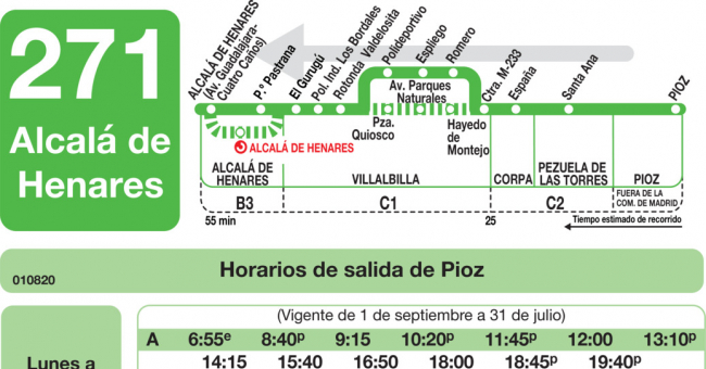 Tabla de horarios y frecuencias de paso en sentido vuelta Línea 271: Alcala de Henares - Pezuela - Pioz