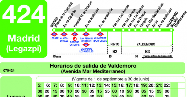 Tabla de horarios y frecuencias de paso en sentido vuelta Línea 424: Madrid (Legazpi) - Valdemoro (El Restón)