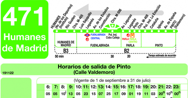 Tabla de horarios y frecuencias de paso en sentido vuelta Línea 471: Humanes - Fuenlabrada - Parla - Pinto