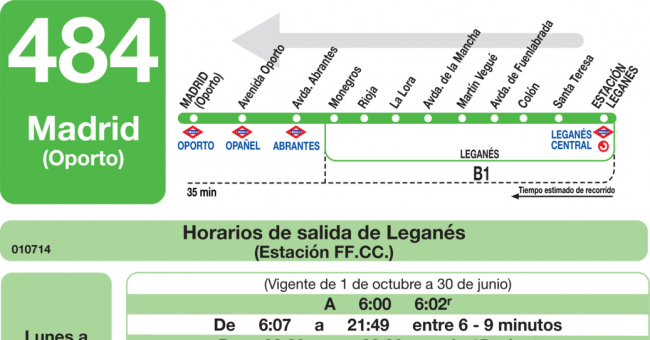 Tabla de horarios y frecuencias de paso en sentido vuelta Línea 484: Madrid (Oporto) - Leganés (RENFE)