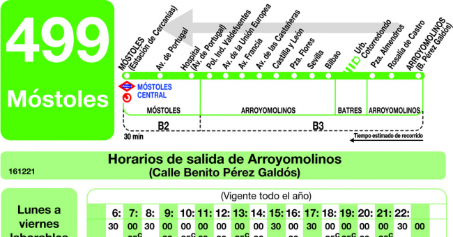 Tabla de horarios y frecuencias de paso en sentido vuelta Línea 499: Móstoles - Arroyomolinos