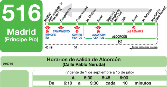 Tabla de horarios y frecuencias de paso en sentido vuelta Línea 516: Madrid (Príncipe Pío) - Alcorcón (Universidad Rey Juan Carlos)