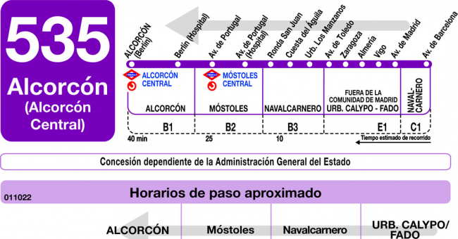 Tabla de horarios y frecuencias de paso en sentido vuelta Línea 535: Alcorcón (Alcorcón Central) - Urbanización Calypo Fado