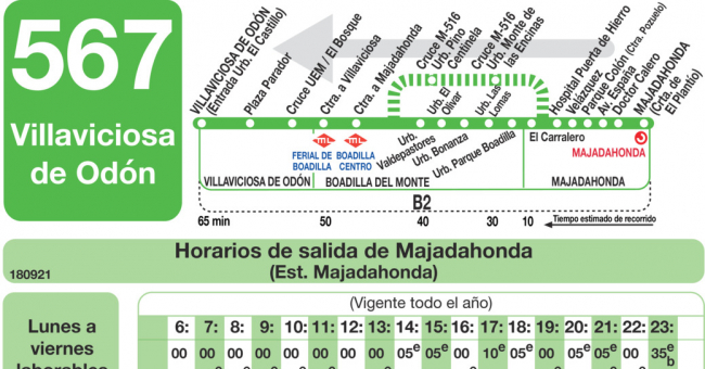 Tabla de horarios y frecuencias de paso en sentido vuelta Línea 567: Villaviciosa de Odón - Majadahonda