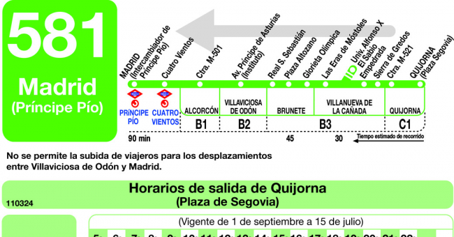 Tabla de horarios y frecuencias de paso en sentido vuelta L铆nea 581: Madrid (Pr铆ncipe P铆o) - Brunete - Quijorna