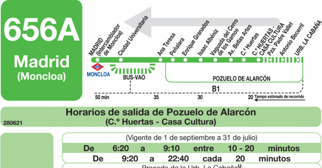 Tabla de horarios y frecuencias de paso en sentido vuelta Línea 656-A: Madrid (Moncloa) - Pozuelo (Calle Huertas)