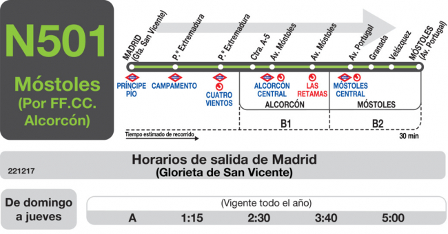Tabla de horarios y frecuencias de paso en sentido ida Línea N-501: Madrid (Príncipe Pío) - Alcorcón - Móstoles