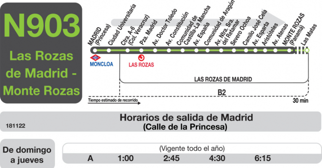 Tabla de horarios y frecuencias de paso en sentido ida Línea N-903: Madrid (Moncloa) - Las Rozas - Monte Rozas