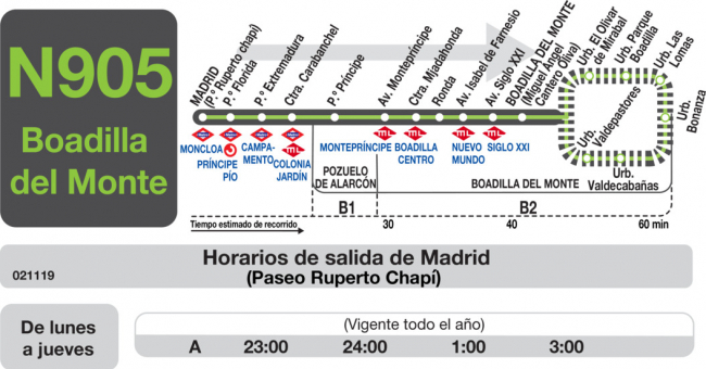 Tabla de horarios y frecuencias de paso en sentido ida Línea N-905: Madrid (Moncloa) - Boadilla del Monte