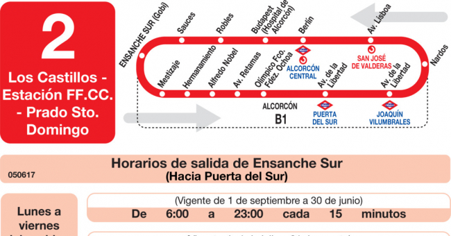 Tabla de horarios y frecuencias de paso en sentido ida Línea L-2 Alcorcón: Ondarreta - Prado Santo Domingo
