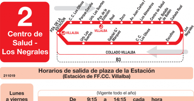 Tabla de horarios y frecuencias de paso en sentido ida Línea L-2 Collado-Villalba: Paseo de La Coruña - Centro de Salud - Los Negrales - Estación Cercanías RENFE