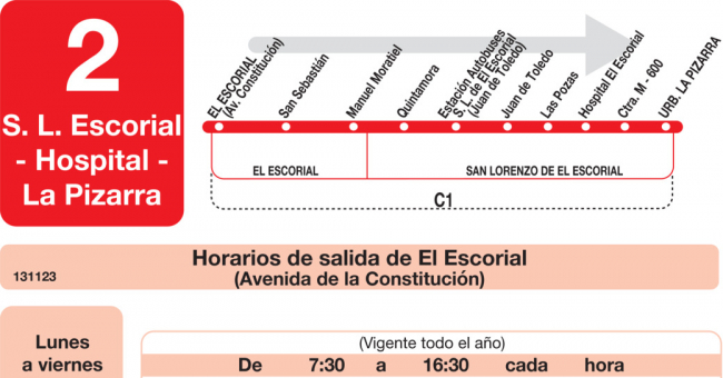 Tabla de horarios y frecuencias de paso en sentido ida Línea L-2 El Escorial: El Escorial - San Lorenzo de El Escorial - Hospital - La Pizarra