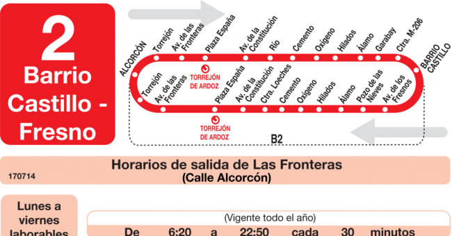 Tabla de horarios y frecuencias de paso en sentido ida Línea L-2 Torrejón de Ardoz: Fronteras - Barrio del Castillo - Fresno