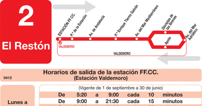 Tabla de horarios y frecuencias de paso en sentido ida Línea L-2 Valdemoro: Estación Cercanías RENFE - El Restón