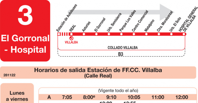 Tabla de horarios y frecuencias de paso en sentido ida Línea L-3 Collado-Villalba: Estación Cercanías RENFE - Paseo de La Coruña - Los Valles - Pueblo