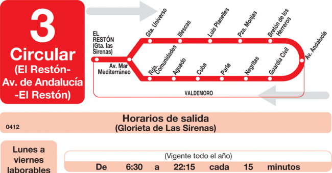 Tabla de horarios y frecuencias de paso en sentido ida Línea L-3 Valdemoro: Circular - Avenida de Andalucía - El Restón