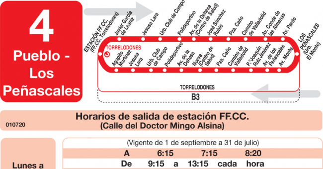 Tabla de horarios y frecuencias de paso en sentido ida Línea L-4 Torrelodones: Estación Cercanías RENFE - Colonia - Pueblo - Los Peñascales