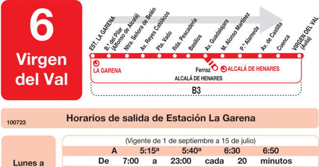 Tabla de horarios y frecuencias de paso en sentido ida Línea L-6 Alcalá de Henares: Barrio del Pilar - Barrio Virgen del Val