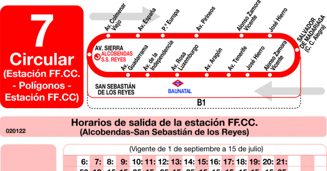 Tabla de horarios y frecuencias de paso en sentido ida Línea L-7 San Sebastián de los Reyes: Estación Cercanías RENFE - Polígonos