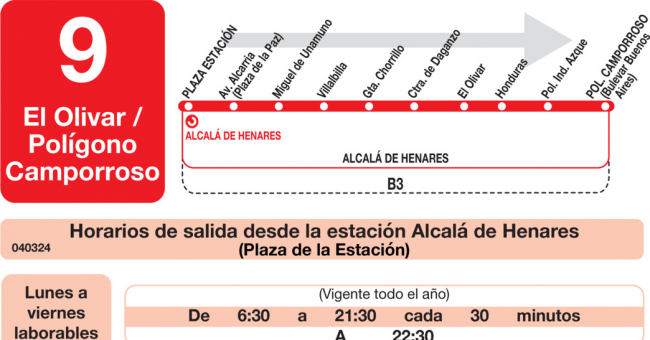 Tabla de horarios y frecuencias de paso en sentido ida Línea L-9 Alcalá de Henares: Estación Cercanías RENFE - Polígono Industrial Azque