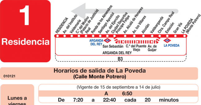 Tabla de horarios y frecuencias de paso en sentido vuelta Línea L-1 Arganda del Rey: Residencia - La Poveda