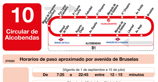 Tabla de horarios y frecuencias de paso en sentido vuelta Línea L-10 Alcobendas: Circular