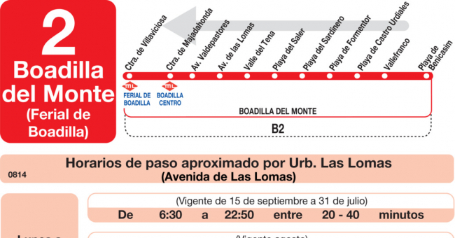 Tabla de horarios y frecuencias de paso en sentido vuelta Línea L-2 Boadilla del Monte: Ferial de Boadilla - Valdepastores - Las Lomas