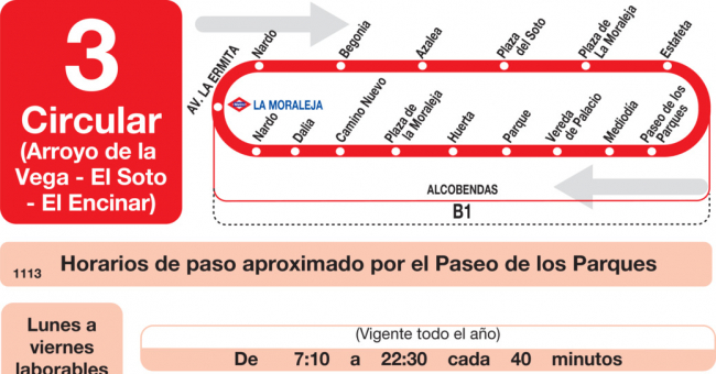 Tabla de horarios y frecuencias de paso en sentido vuelta Línea L-3 Alcobendas: Arroyo de la Vega - Soto de la Moraleja - El Encinar de los Reyes