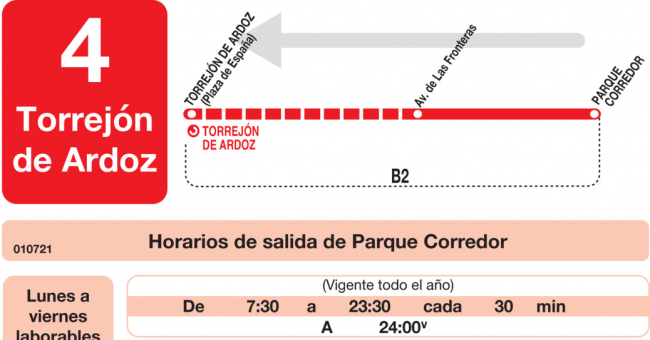 Tabla de horarios y frecuencias de paso en sentido vuelta Línea L-4 Torrejón de Ardoz: Torrejón - Parque Corredor