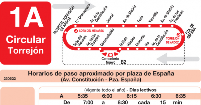Tabla de horarios y frecuencias de paso en sentido vuelta Línea L-1A Torrejón de Ardoz: Circular A