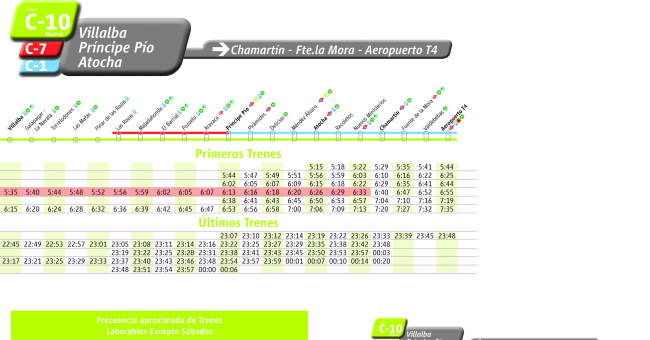 Tabla de horarios y frecuencias de paso en sentido ida Línea C-10: Villalba - Príncipe Pío - Atocha - Recoletos - Chamartín - Aeropuerto T4
