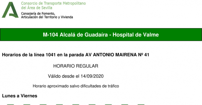 Tabla de horarios y frecuencias de paso en sentido ida Línea M-104: Alcalá de Guadaira - Hospital de Valme