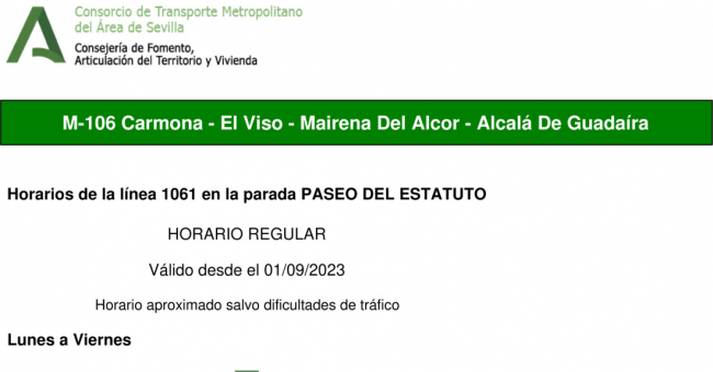 Tabla de horarios y frecuencias de paso en sentido ida Línea M-106: Alcalá de Guadaíra - Carmona (recorrido 2)