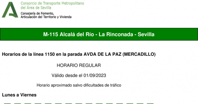 Tabla de horarios y frecuencias de paso en sentido ida Línea M-115: Sevilla - Alcalá del Río (recorrido 1)