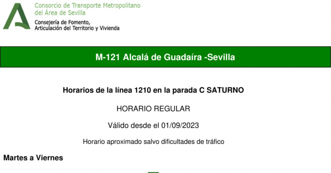 Tabla de horarios y frecuencias de paso en sentido ida Línea M-121: Sevilla - Alcalá de Guadaira (recorrido 1)