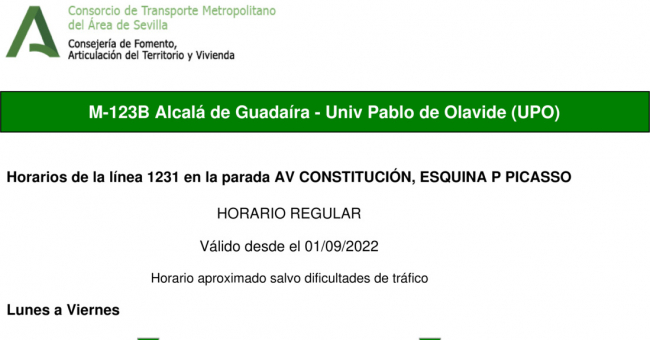 Tabla de horarios y frecuencias de paso en sentido ida Línea M-123: Sevilla - Alcalá de Guadaira - Universidad Pablo de Olavide (UPO) (recorrido 2)
