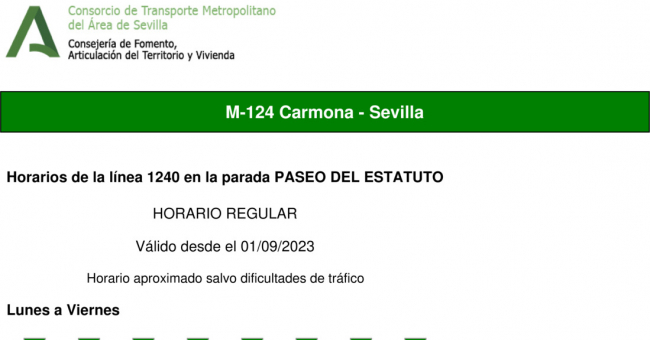 Tabla de horarios y frecuencias de paso en sentido ida Línea M-124: Sevilla - Carmona (recorrido 1)