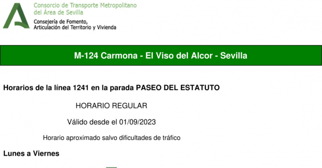 Tabla de horarios y frecuencias de paso en sentido ida Línea M-124: Sevilla - Carmona (recorrido 2)
