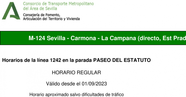 Tabla de horarios y frecuencias de paso en sentido ida Línea M-124: Sevilla - Carmona (recorrido 3)