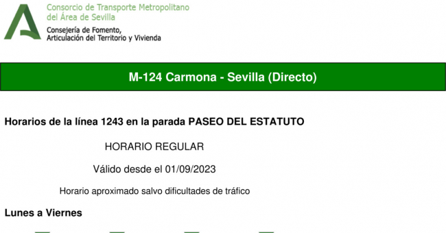 Tabla de horarios y frecuencias de paso en sentido ida Línea M-124: Sevilla - Carmona (recorrido 4)