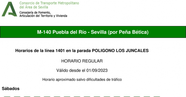 Tabla de horarios y frecuencias de paso en sentido ida Línea M-140: Sevilla - Puebla del Río