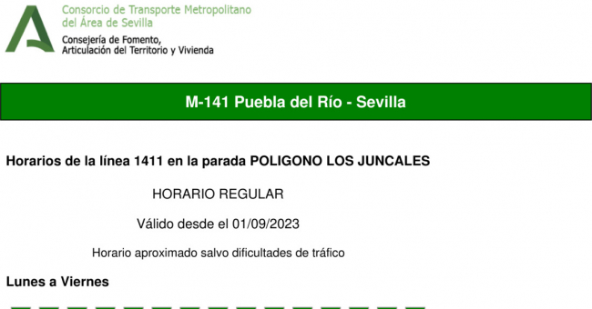 Tabla de horarios y frecuencias de paso en sentido ida Línea M-141: Sevilla - Puebla del Río