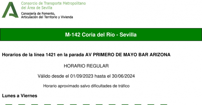 Tabla de horarios y frecuencias de paso en sentido ida Línea M-142: Sevilla - Coria del Río (recorrido 1)