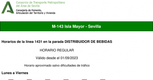 Tabla de horarios y frecuencias de paso en sentido ida Línea M-143: Sevilla - Isla Mayor (recorrido 1)