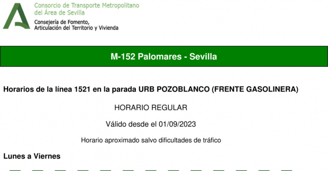 Tabla de horarios y frecuencias de paso en sentido ida Línea M-152: Sevilla - Palomares (recorrido 1)