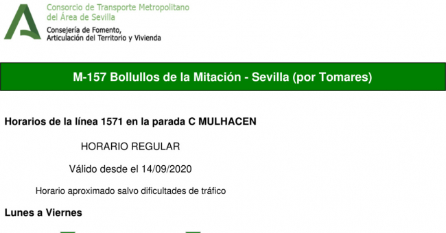 Tabla de horarios y frecuencias de paso en sentido ida Línea M-157: Sevilla - Bollullos de la Mitación