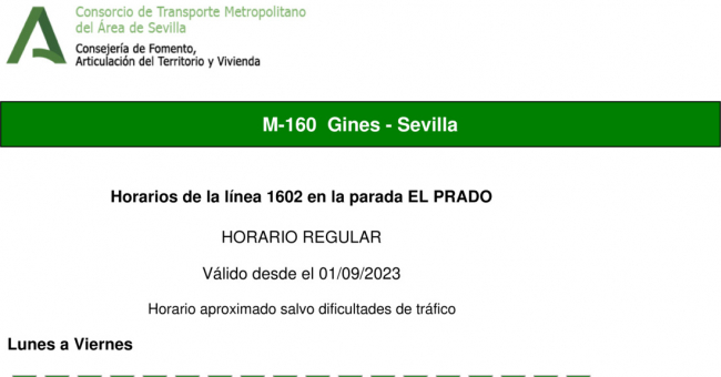 Tabla de horarios y frecuencias de paso en sentido ida Línea M-160: Sevilla - Gines