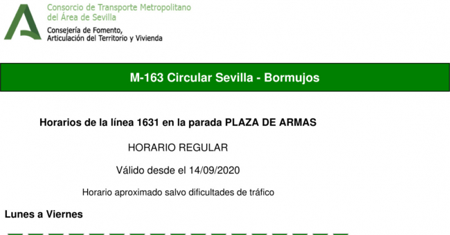 Tabla de horarios y frecuencias de paso en sentido ida Línea M-163: Sevilla - Bormujos (Circular)