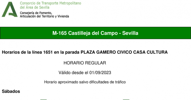 Tabla de horarios y frecuencias de paso en sentido ida Línea M-165: Sevilla - Castilleja del Campo