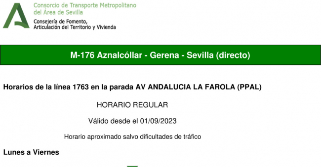 Tabla de horarios y frecuencias de paso en sentido ida Línea M-176: Sevilla - Aznalcóllar (recorrido 4)